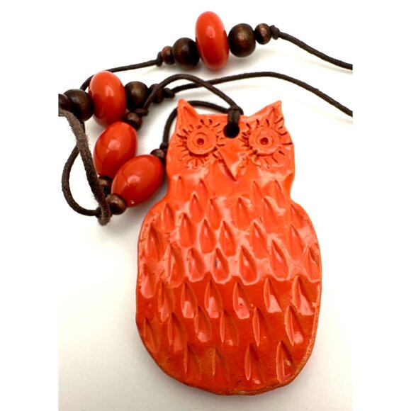 Boho Inspo Terracotta Owl Pendant Necklace Beads Adjustable Cord Art Piece Signe - Picture 1 of 5